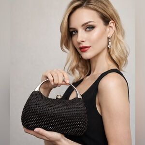 Nina Black Rhinestone Evening Bag Silver Handle Chain Strap NWT